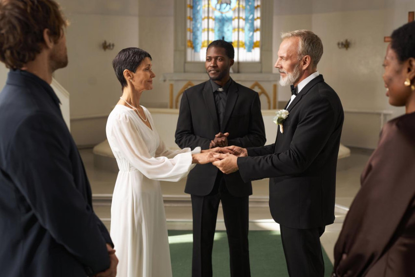 Senior Bride and Groom Holding Hands at Church Altar on Wedding Day